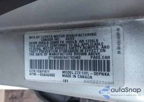 2004 Toyota Corolla Le из США, поврежденный, VIN 2T1BR38E64C182492